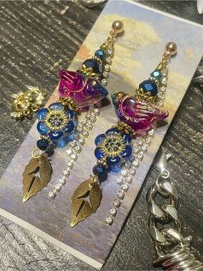 Hand Crafted Purple & Blue Glass Floral Dangle Earrings with Gold Leaf Charms